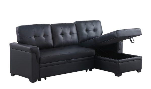 Lexi 83.5"W Black Vegan Leather Modern Reversible Sleeper Sectional Sofa with Storage Chaise - Image 9