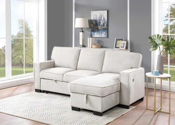 Estelle 86.5"W Beige Fabric Reversible Sleeper Sectional with Storage Chaise Drop-Down Table 2 Cup Holders and 2USB Ports - Image 2