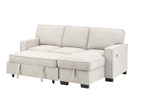 Estelle 86.5"W Beige Fabric Reversible Sleeper Sectional with Storage Chaise Drop-Down Table 2 Cup Holders and 2USB Ports - Image 6