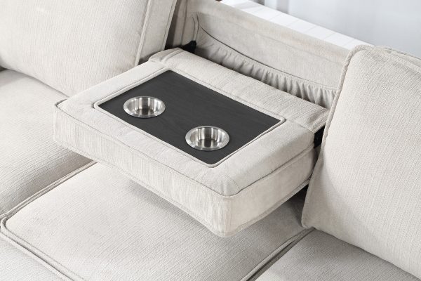 Estelle 86.5"W Beige Fabric Reversible Sleeper Sectional with Storage Chaise Drop-Down Table 2 Cup Holders and 2USB Ports - Image 5