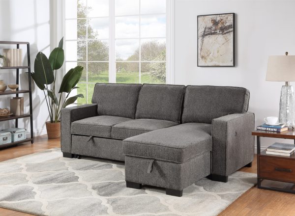 Estelle 86.5"W Dark Gray Fabric Reversible Sleeper Sectional with Storage Chaise Drop-Down Table 2 Cup Holders and 2 USB Ports - Image 4