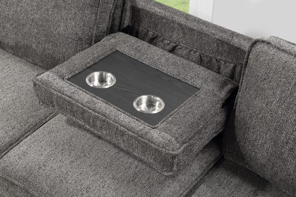 Estelle 86.5"W Dark Gray Fabric Reversible Sleeper Sectional with Storage Chaise Drop-Down Table 2 Cup Holders and 2 USB Ports - Image 7