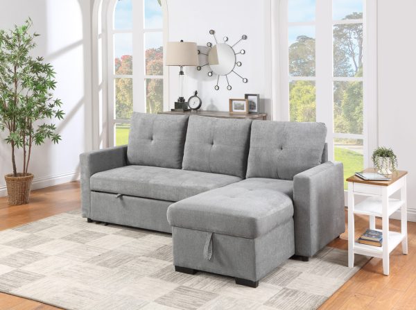 Serenity 87.5"W Gray Fabric Reversible Sleeper Sectional Sofa with Storage Chaise