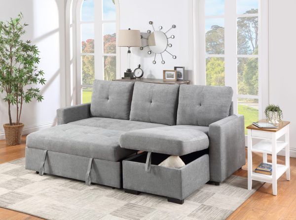 Serenity 87.5"W Gray Fabric Reversible Sleeper Sectional Sofa with Storage Chaise - Image 6