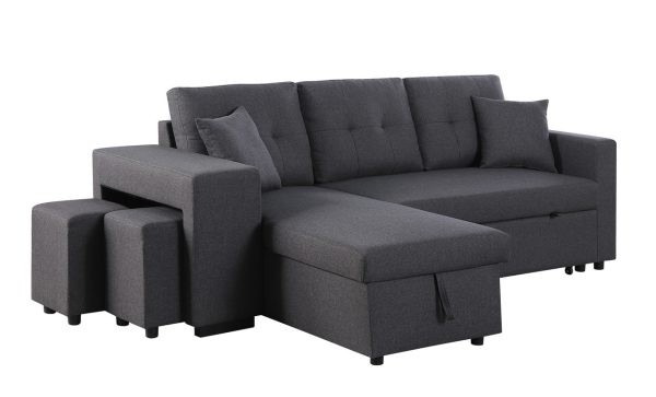 Dennis 93"W Dark Gray Linen Fabric Reversible Sleeper Sectional with Storage Chaise and 2 Stools - Image 11