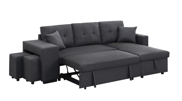 Dennis 93"W Dark Gray Linen Fabric Reversible Sleeper Sectional with Storage Chaise and 2 Stools - Image 10