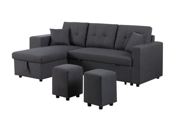 Dennis 93"W Dark Gray Linen Fabric Reversible Sleeper Sectional with Storage Chaise and 2 Stools - Image 9
