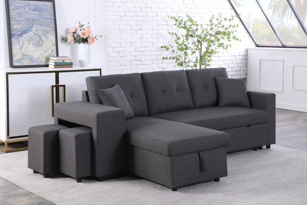 Dennis 93"W Dark Gray Linen Fabric Reversible Sleeper Sectional with Storage Chaise and 2 Stools - Image 7