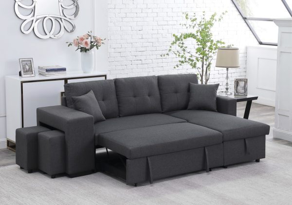 Dennis 93"W Dark Gray Linen Fabric Reversible Sleeper Sectional with Storage Chaise and 2 Stools - Image 6