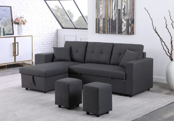 Dennis 93"W Dark Gray Linen Fabric Reversible Sleeper Sectional with Storage Chaise and 2 Stools - Image 5