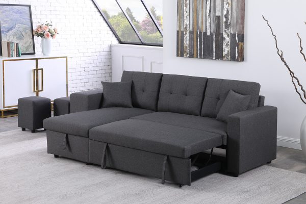 Dennis 93"W Dark Gray Linen Fabric Reversible Sleeper Sectional with Storage Chaise and 2 Stools - Image 4