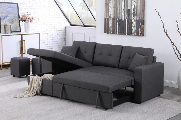 Dennis 93"W Dark Gray Linen Fabric Reversible Sleeper Sectional with Storage Chaise and 2 Stools - Image 3