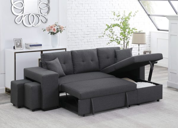 Dennis 93"W Dark Gray Linen Fabric Reversible Sleeper Sectional with Storage Chaise and 2 Stools - Image 2