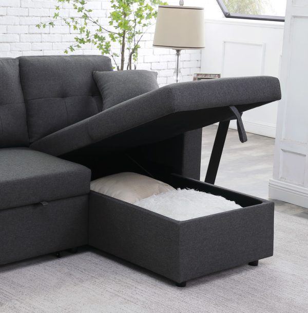 Dennis 93"W Dark Gray Linen Fabric Reversible Sleeper Sectional with Storage Chaise and 2 Stools - Image 13