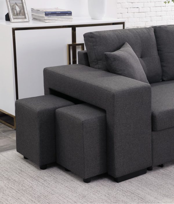 Dennis 93"W Dark Gray Linen Fabric Reversible Sleeper Sectional with Storage Chaise and 2 Stools - Image 12