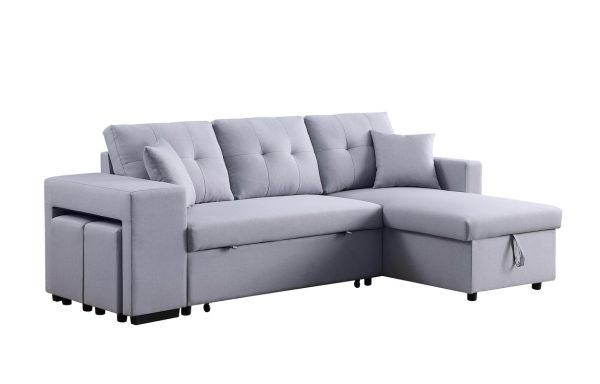 Dennis 93"W Light Gray Linen Fabric Reversible Sleeper Sectional with Storage Chaise and 2 Stools - Image 11