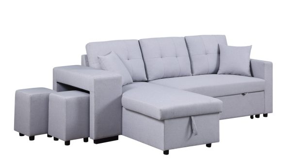 Dennis 93"W Light Gray Linen Fabric Reversible Sleeper Sectional with Storage Chaise and 2 Stools - Image 2