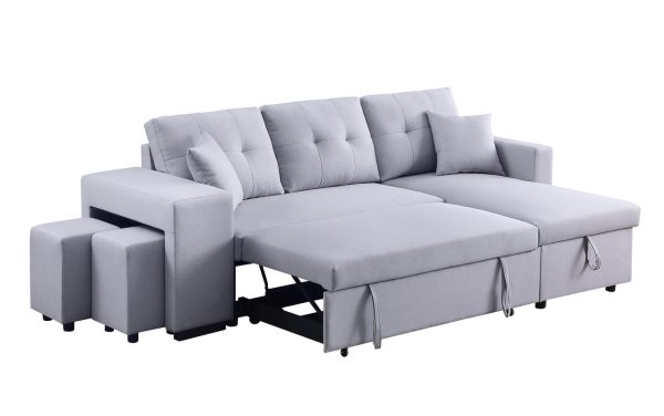 Dennis 93"W Light Gray Linen Fabric Reversible Sleeper Sectional with Storage Chaise and 2 Stools - Image 13