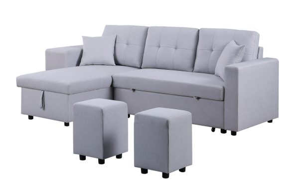 Dennis 93"W Light Gray Linen Fabric Reversible Sleeper Sectional with Storage Chaise and 2 Stools - Image 12