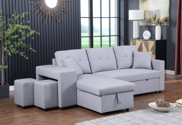 Dennis 93"W Light Gray Linen Fabric Reversible Sleeper Sectional with Storage Chaise and 2 Stools - Image 10
