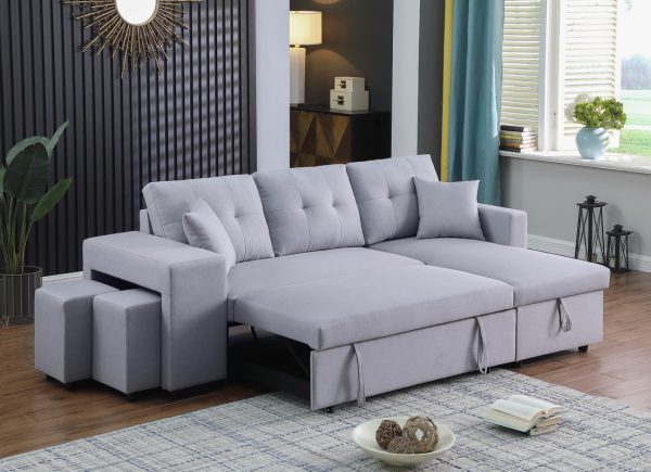 Dennis 93"W Light Gray Linen Fabric Reversible Sleeper Sectional with Storage Chaise and 2 Stools - Image 9