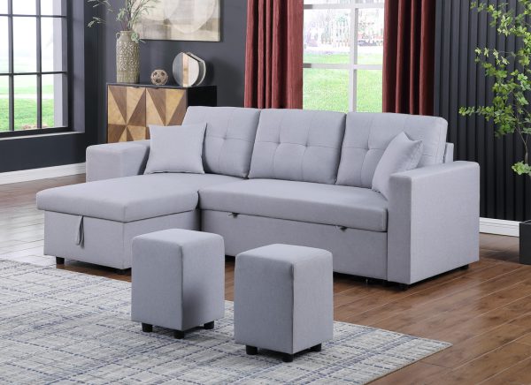 Dennis 93"W Light Gray Linen Fabric Reversible Sleeper Sectional with Storage Chaise and 2 Stools - Image 8