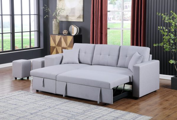 Dennis 93"W Light Gray Linen Fabric Reversible Sleeper Sectional with Storage Chaise and 2 Stools - Image 7