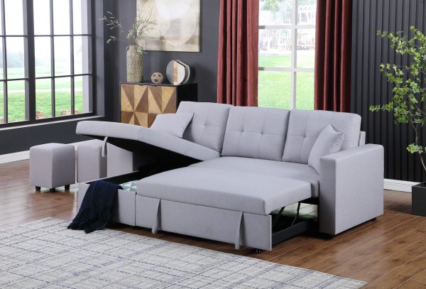 Dennis 93"W Light Gray Linen Fabric Reversible Sleeper Sectional with Storage Chaise and 2 Stools - Image 6