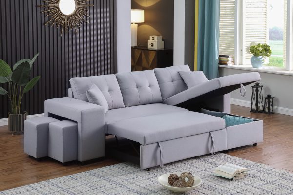 Dennis 93"W Light Gray Linen Fabric Reversible Sleeper Sectional with Storage Chaise and 2 Stools - Image 5