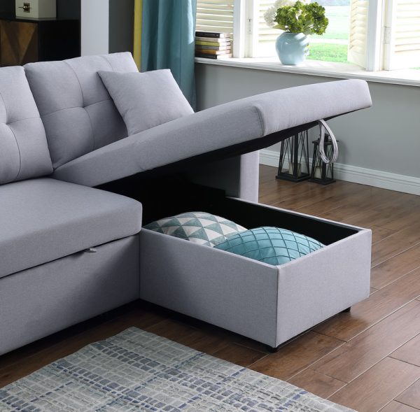 Dennis 93"W Light Gray Linen Fabric Reversible Sleeper Sectional with Storage Chaise and 2 Stools - Image 4