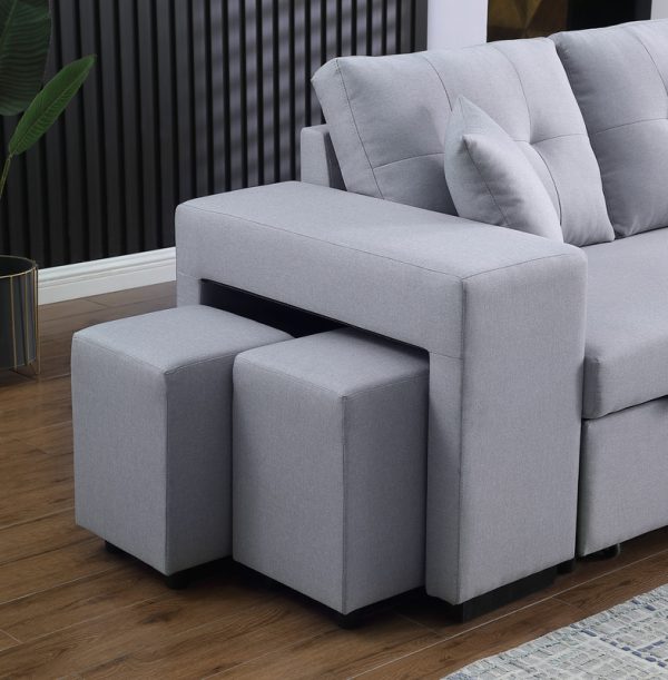 Dennis 93"W Light Gray Linen Fabric Reversible Sleeper Sectional with Storage Chaise and 2 Stools - Image 3