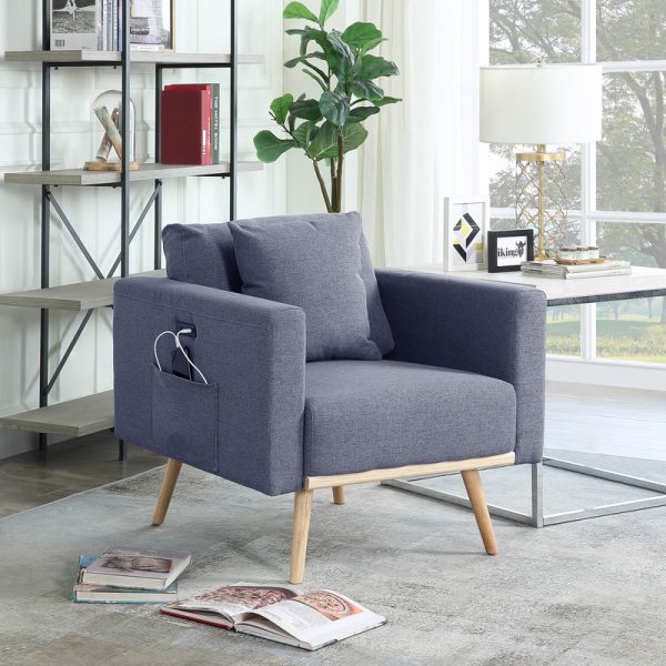 Easton 32.5"W Dark Gray Linen Fabric Chair with USB Charging Ports Pockets & Pillows
