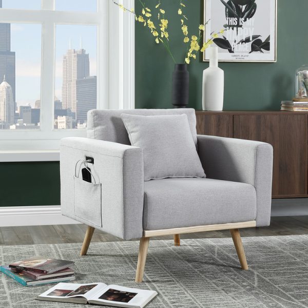 Easton 32.5"W Light Gray Linen Fabric Chair with USB Charging Ports Pockets & Pillows