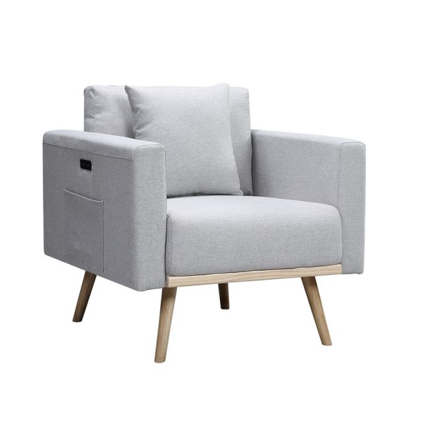 Easton 32.5"W Light Gray Linen Fabric Chair with USB Charging Ports Pockets & Pillows - Image 4