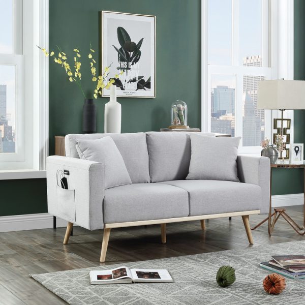 Easton 56.5"W Light Gray Linen Fabric Loveseat with USB Charging Ports Pockets & Pillows