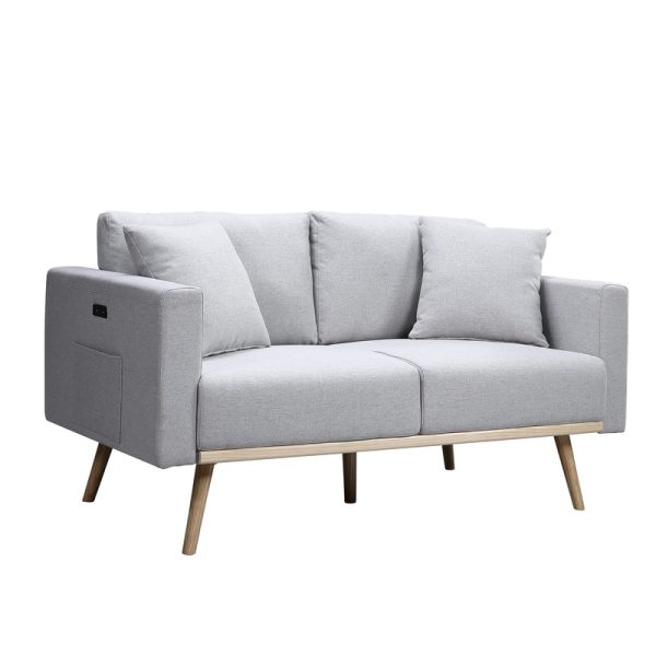 Easton 56.5"W Light Gray Linen Fabric Loveseat with USB Charging Ports Pockets & Pillows - Image 4