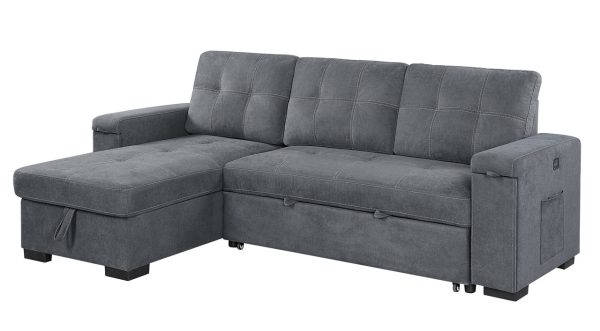 Toby 95"W Gray Woven Fabric Reversible Sleeper Sectional Sofa with Storage Chaise Cup Holder Charging Ports and Pockets - Image 12