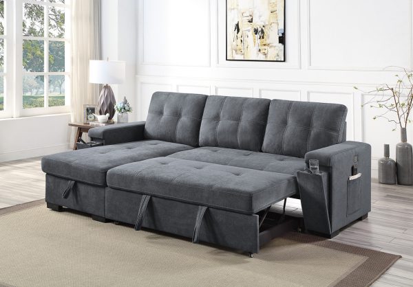 Toby 95"W Gray Woven Fabric Reversible Sleeper Sectional Sofa with Storage Chaise Cup Holder Charging Ports and Pockets - Image 11