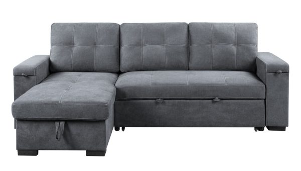 Toby 95"W Gray Woven Fabric Reversible Sleeper Sectional Sofa with Storage Chaise Cup Holder Charging Ports and Pockets - Image 10