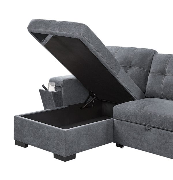 Toby 95"W Gray Woven Fabric Reversible Sleeper Sectional Sofa with Storage Chaise Cup Holder Charging Ports and Pockets - Image 9