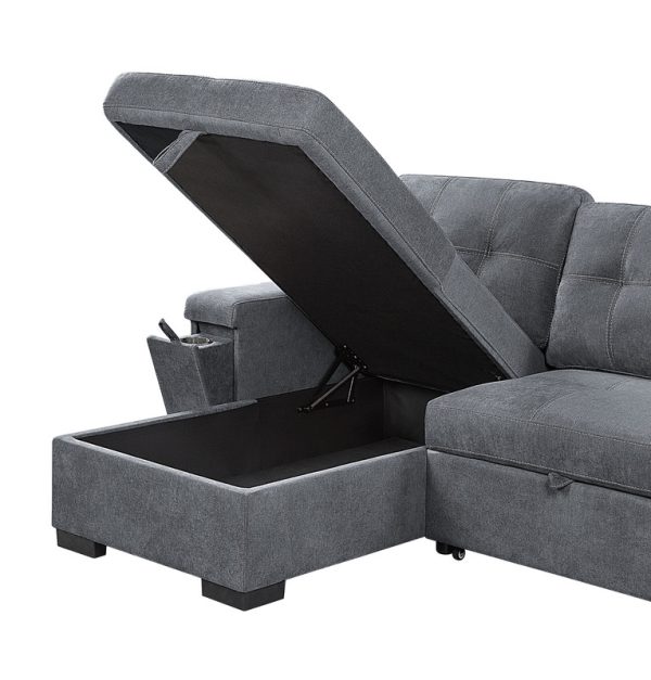Toby 95"W Gray Woven Fabric Reversible Sleeper Sectional Sofa with Storage Chaise Cup Holder Charging Ports and Pockets - Image 8