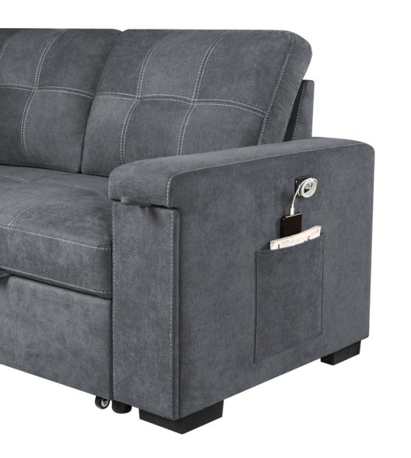 Toby 95"W Gray Woven Fabric Reversible Sleeper Sectional Sofa with Storage Chaise Cup Holder Charging Ports and Pockets - Image 7