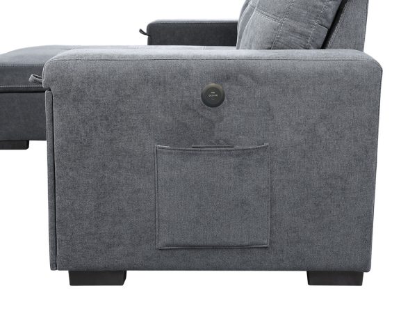 Toby 95"W Gray Woven Fabric Reversible Sleeper Sectional Sofa with Storage Chaise Cup Holder Charging Ports and Pockets - Image 6
