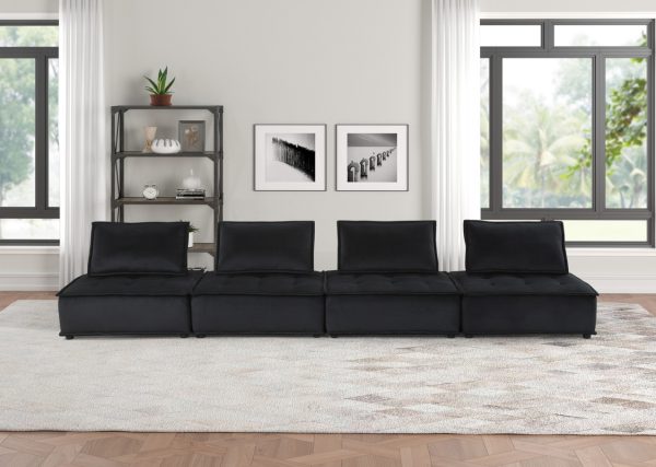 Anna 160"W Black Velvet 4-Seater Modular Sofa