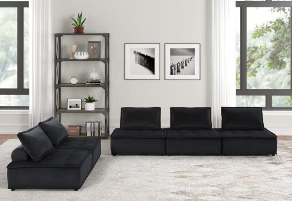 Anna 120"W Black Velvet 5 Pc Sofa and Loveseat