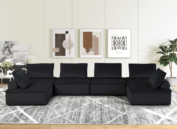 Anna 160"W Black Velvet 6-Seater U-Shape Modular Sectional Sofa