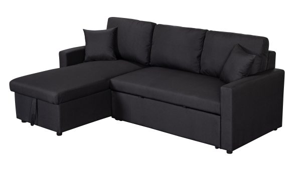 Paisley 82"W Black Linen Fabric Reversible Sleeper Sectional Sofa with Storage Chaise - Image 8