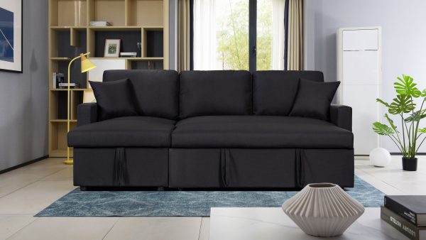 Paisley 82"W Black Linen Fabric Reversible Sleeper Sectional Sofa with Storage Chaise - Image 2