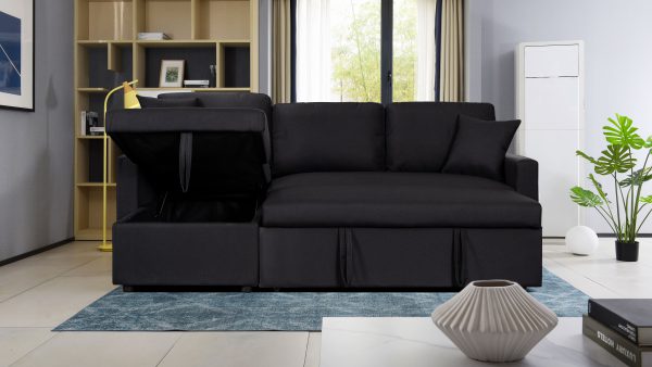 Paisley 82"W Black Linen Fabric Reversible Sleeper Sectional Sofa with Storage Chaise - Image 3