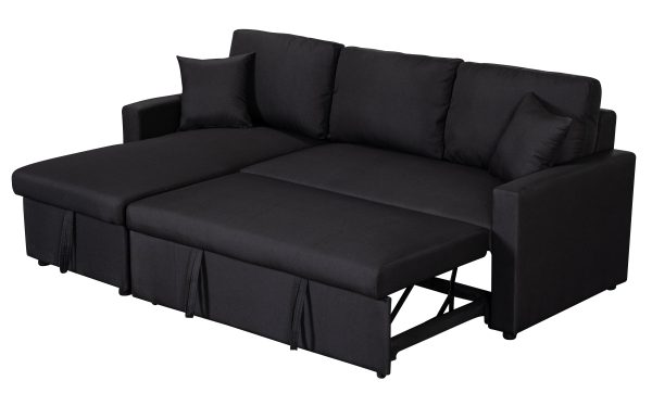 Paisley 82"W Black Linen Fabric Reversible Sleeper Sectional Sofa with Storage Chaise - Image 4